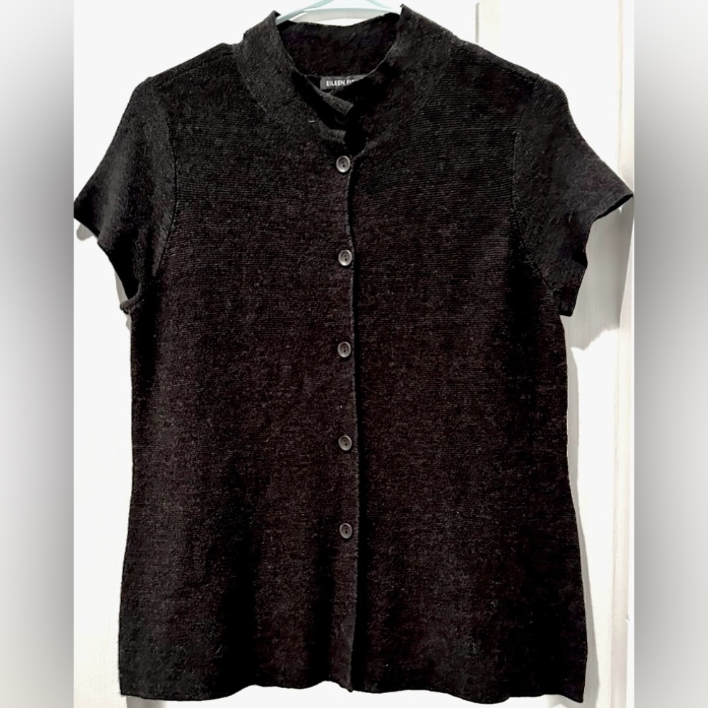 Eileen Fisher Short Sleeve Mock Neck Extra Fine Merino Wool Button Up Cardigan